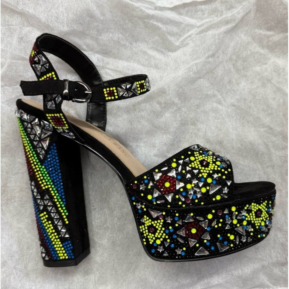 Multicolor Crystal Peep Toe Platform Heeled Ankle Strap Sandal size 7.5 New